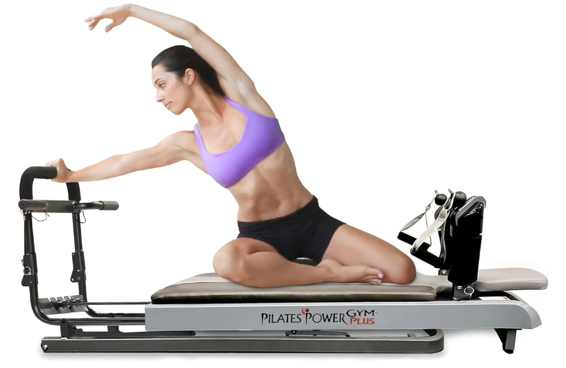 Pilates Power Gym Plus - Ultimate Mini Reformer with Push Up Bar and 3 Celebrity Trainer Pilates Workout DVDs Push Up Bar Included