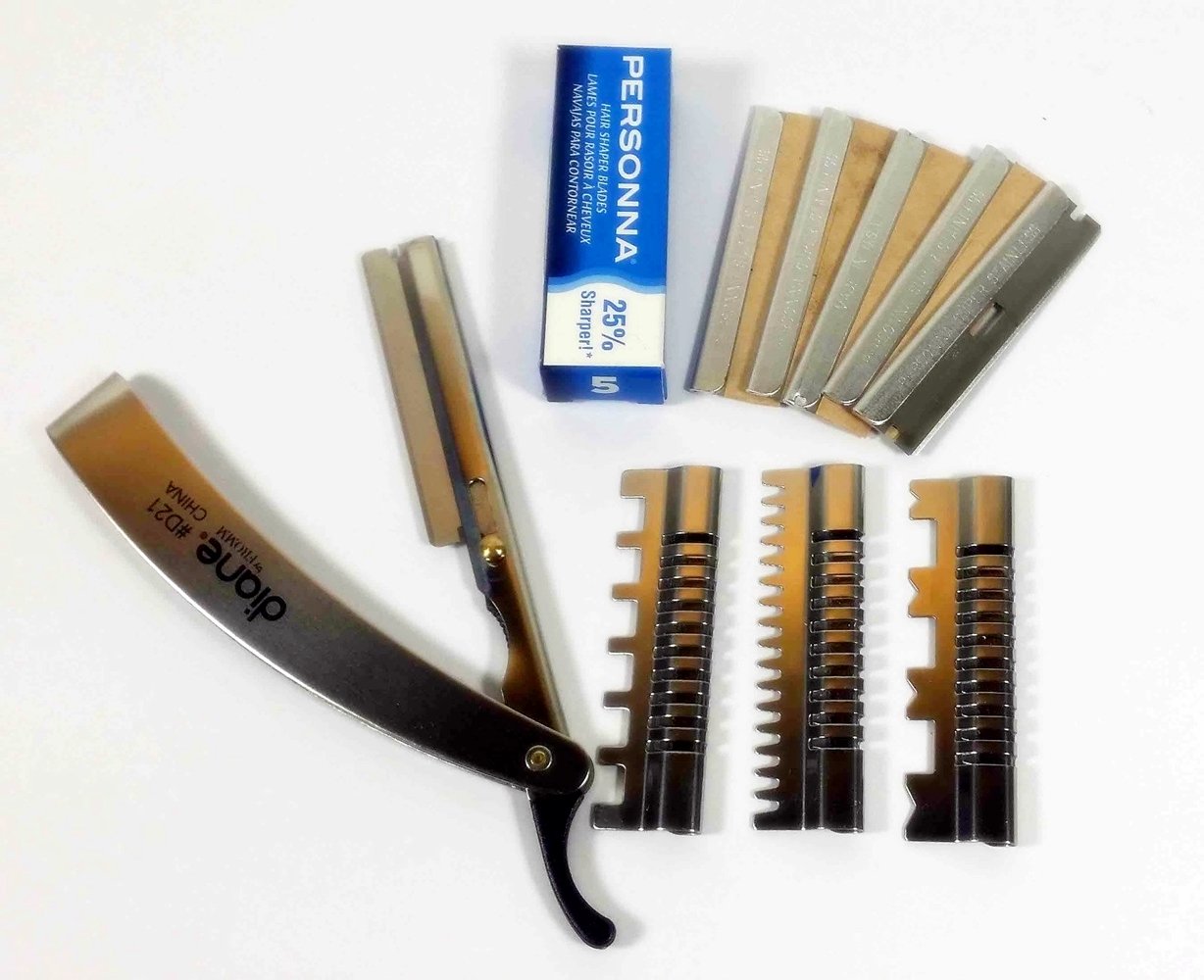 Straight Razor with guard stainless straight edge folding barber razor with 3 guards and 5 personna blades