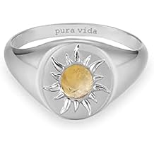 Pura Vida Silver-Plated Celestial Sun Signet Ring w/Citrine Stone - Brass Base, Rhodium Plating - Size 5-9