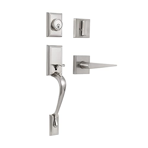 NeuType Front Door Handle Set Entrance Door Lock Set Heavy Duty Entry Handle Set with Lock, with Single Cylinder Deadbolt and Lever Handle, Compatible with Right & Left Handed Doors, Satin Nickel