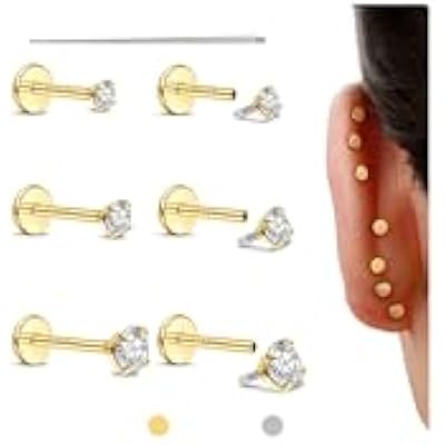 GEMQUEEN Flat Back Earrings Stud : 14K Gold Filled Titanium Surgical Steel Earrings Hypoallergenic for Women Men 16G 18G Cartilage Helix Tragus Conch Medusa Piercing Jewelry Dainty Earring Set 3 Pairs