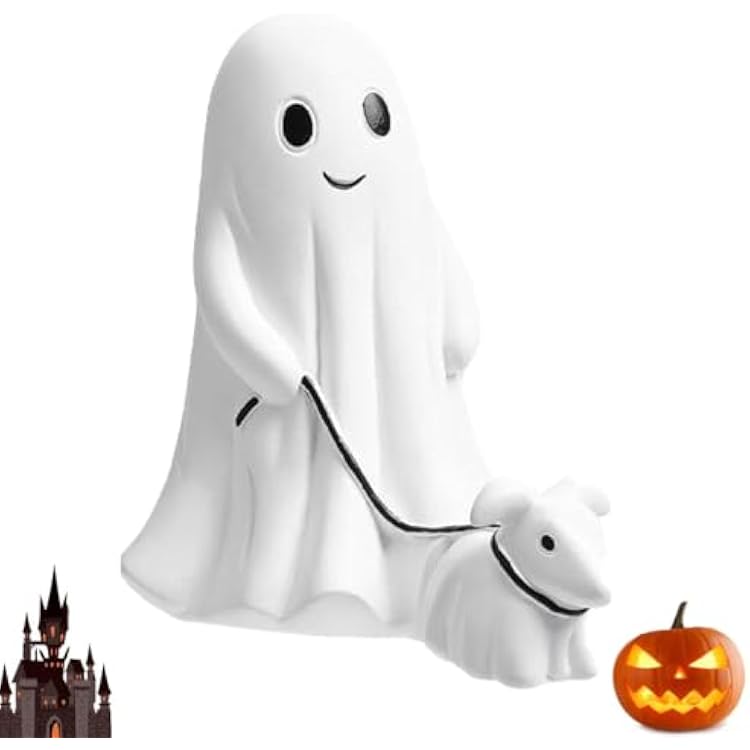 Audaisyly Ghost Walking Dog Statue Decor, Cutest Halloween Spooky Ghost Dog Resin Figurine, Perfect for Home Front Porch Decor and Outdoor Garden Tabletop Sculpture Decoration