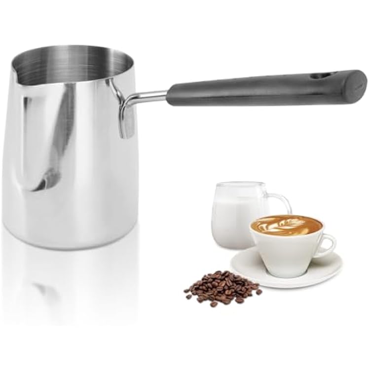 Classics Turkish Coffee Pot, 12oz350ml Stainless Steel Milk Frothing Jug Long Handle Coffeware Pull Flower Toroid Pitcher Milk Warmer Hot Chocolate Maker