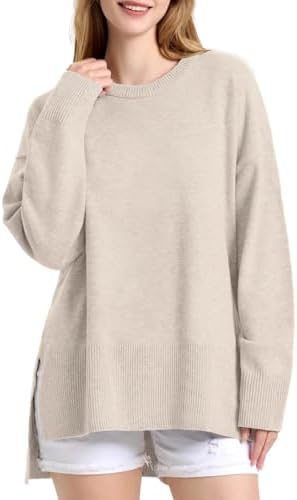 ZANZEA Womens Fall Sweaters 2025 Oversized Loose Long Sleeve Crew Neck Side Slit Dressy Knit Casual Pullover Tops