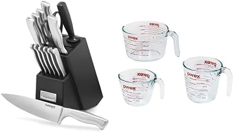 Cuisinart C77SS-15PK 15-Piece Stainless Steel Hollow Handle Block Set & Pyrex Glass Measuring Cup Set (3-Piece, Microwave and Oven Safe),Clear