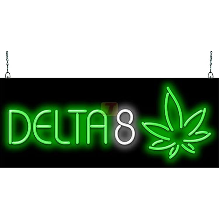 Delta 8 Neon Sign with Leaf Graphic - 32 wide x 13 high - Real, Hand Bent Neon Tubing - Green & White Letters with Green Graphic - SSZ-30-56