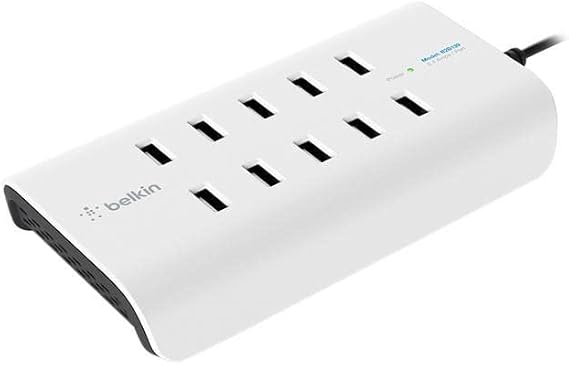 Belkin Rockstar 10 Port Usb Charging Station Power Strip - Experience Fast Charging With Power Supply Of 2.4amp/Port - Space Saver Usb Multiport Charger Designed For Desktop & Bedroom Organization | Simultaneously charges up to 10 devices, ideal for classrooms, offices, and shared device carts, compact