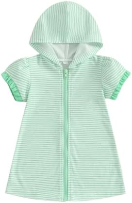 Girls Striped Swim Cover Up Beachwear Short Sleeve Zip Up Hooded Terry Swim Coverups One Piece Swimsuits Swimwear