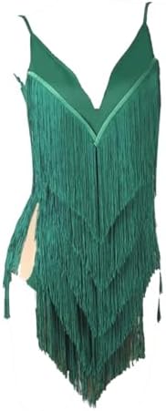 Women Fringe Latin Dance Competition Dress Tango Salsa Cha Cha Dance Ballroom Suspender V-Neck Split Skirt