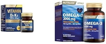 Nutraxin D3K2 120 Tablet - 1000 Iu D3 Vitamini, 25 Mcg K2 Vitamini + Nutraxin Vitals Omega-3 2000 mg EPA + DHA Balık Yağı içeren Takviye Edici Gıda, 60 kapsül