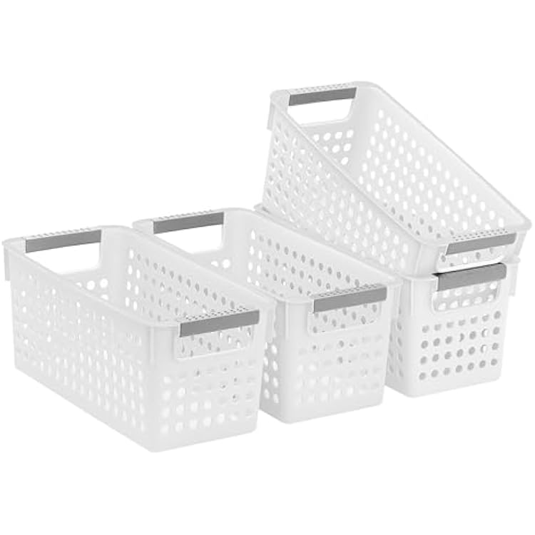 Soddeph 4 Pack Slim Plastic Storage Basket with Handles, Rectangular Storage Bins for Shelves,Narrow Organizer box for Organizing, Kitchen,Home,Office White, Small