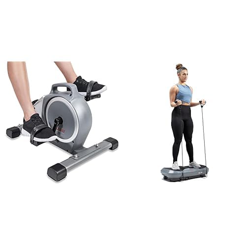 Sunny Health & Fitness Under Desk Mini Exercise Cycle Bike  Sunny Health & Fitness 3D Vibration Platform with Resistance Bands, 16 Speed Settings, and 3 Vibration Modes