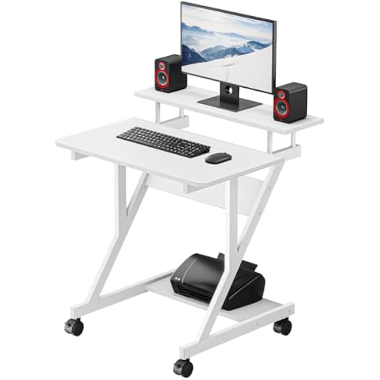 Dripex Computer Desk for Small Spaces, 27.5 inch Small Computer Desk, 3 Tier Compact Desk with Monitor Shelf and Bottom Storage Shelves, Space Saving Desk, White