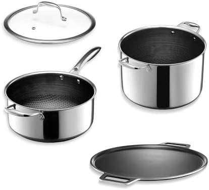 HexClad Hybrid Nonstick 5-Piece Cookware Set, Pizza Steel, 5Qt Saucepan with Lid, and 10Qt Stockpot with Lid, Stay-Cool Handles, Dishwasher and Oven-Safe, Induction Ready, Compatible with All Cooktops