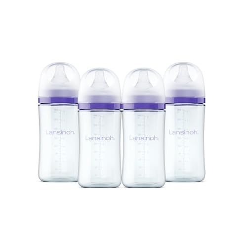 Lansinoh Glass Baby Bottles, Anti-Colic, 8 Ounces, 4 Count Bottles for Feeding, Baby Essentials, Includes 4 Medium Flow Nipples, Size M