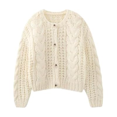 Woman Hand Made Crochet Cardigan Coarse Wool Solid Color Long Sleeve Knitting Sweater