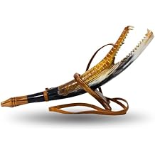 Viking Blowing Bugle with Stand Hand-Carved Ox Horn War Horn with Dragon Head Design and Leather Strap Medieval Cosplay Reenactment Prop for Adults Norse Decor and Historical Gift Item
