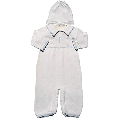 Boys White Cotton Knit Christening Baptism Longall wWhite, Blue, or Gold Cross and Hat