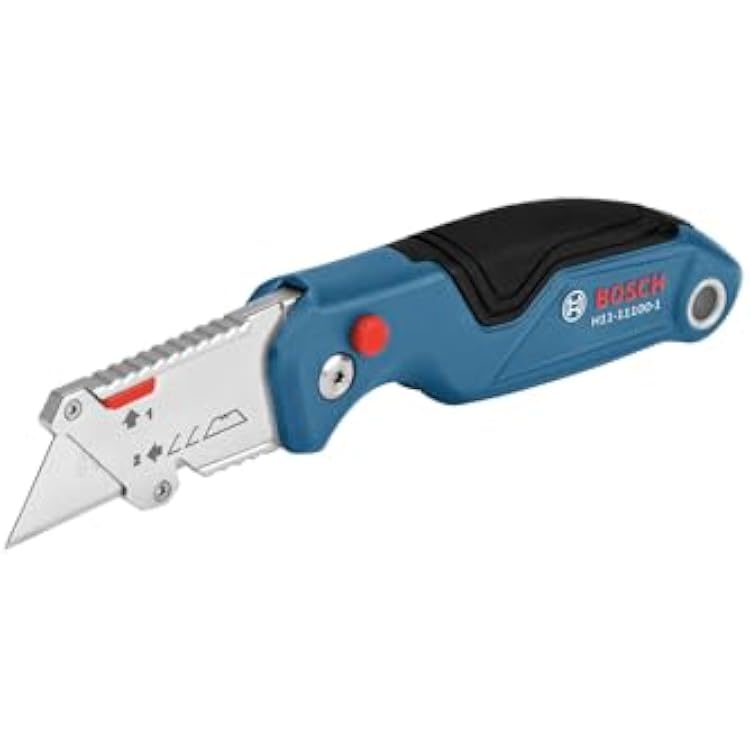 BOSCH H11-11100-1 Folding Utility Knife | Compact, Portable, and Durable with Integrated Blade Storage, Thumb Rest, and Includes Belt Clip, Strap Cutter, 3 Blades