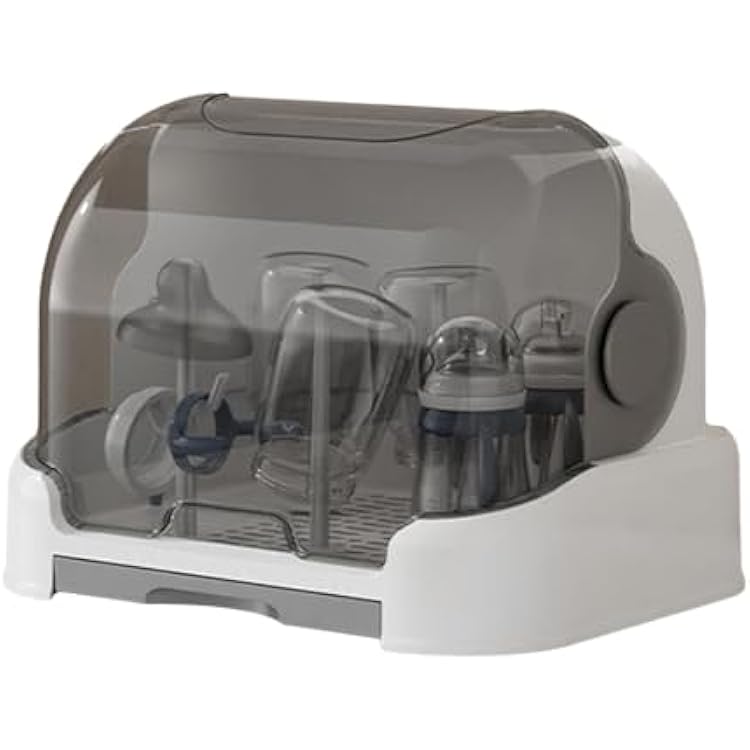 Baby Bottle Drying Rack, Dustproof Baby Bottle Storage with Lid & Removable Drain Tray, Baby Bottle Organizer, Baby Bottle Dryer Holder, Reusable Bottle Rack Holder for Baby, Gray