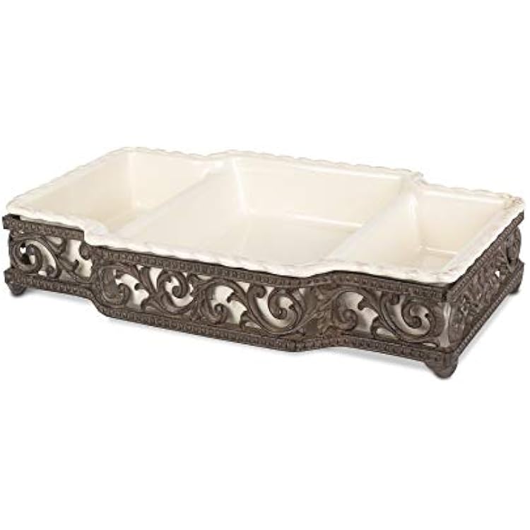 Cream Stoneware 3-part Server in Metal Acanthus Leaf Base.