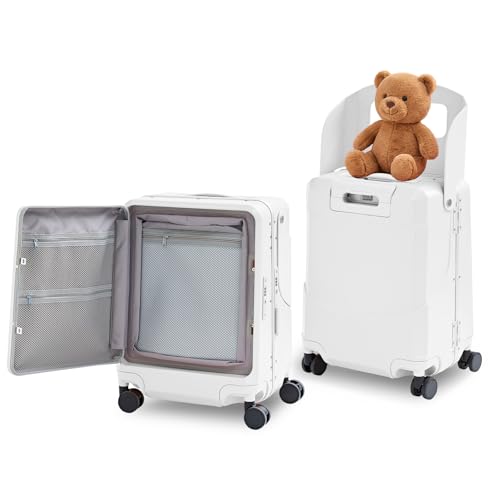 TABU 20 Ride on Luggage with Foldable Seat,Front-Opening Carry On Suitcase with Built-in USB & Type-C Port, TSA Lock and 360 Silent Spinner, for Kids & Adults, White
