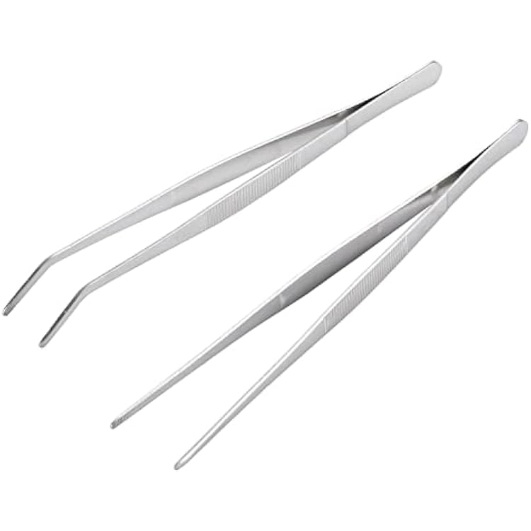 Miupoo Long Handle Stainless Steel Paint Straight and Curved Tweezers Nippers,Extra Long Precision Craft Tweezers Set with Serrated Tips,Silver,2 pieces,9.8Inches