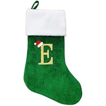 MOJUN 19 inch Large Personalized Embroidered Letter Christmas Stockings Green Velvet with White Soft Plush Cuffs Xmas Stocking Hanging Ornaments for Xmas Tree Family Fireplace Party Decor (Green-E)