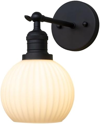 PERMO Vintage Wall Sconce Adjustable Black Sconce Globe Vanity Wall Light with Milk White Glass Shade for Farmhouse Bedroom Living Room Loft