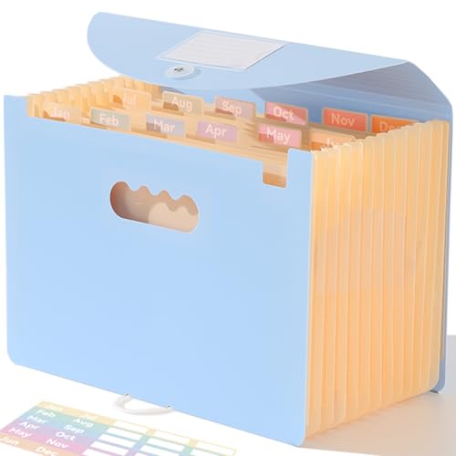 Accordion File Organizer 12 Pockets, Monthly Bill Receipt Tax Organizer, Expanding File Folders with Larger Bright Tabs, Fits LetterA4 Size - Blue
