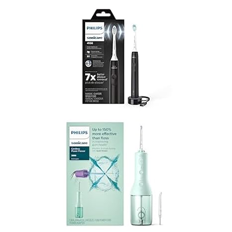 Bundle of Philips Sonicare 4100 Power Toothbrush, Rechargeable Electric Toothbrush with Pressure Sensor, Black + Philips Sonicare Cordless Power Flosser 3000 - Mint