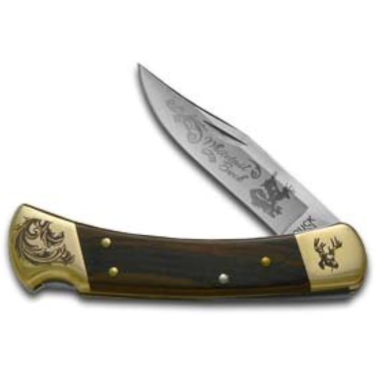 Buck 110 Wooden Whitetail Buck Scrolled Bolster Stainless Folding Hunter Custom Knives