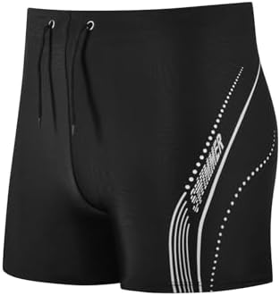 Mens Classic Swim Trunks Swimwear Quick-Drying Beach Bathing Suit Square Leg Drawstring Waisted Surfing Board Shorts