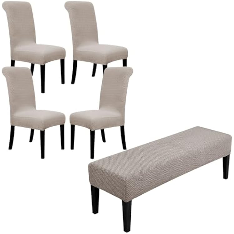 SPRINGRICO Slipcover Bundle Products, Dining Room Chair Covers Set of 4, Dining Bench Cover Stretch, Washable Chair & Bench Slipcovers S3-Taupe