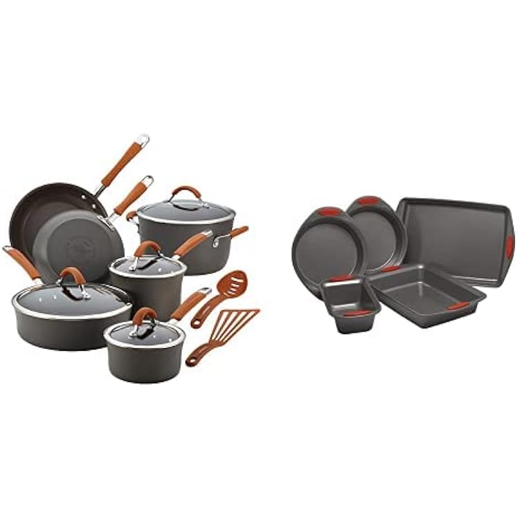 Rachael Ray Cookware Set, 12 Piece, Gray & Ray Nonstick Bakeware with Grips includes Nonstick Bread Pan, Baking Pan, Cake Pans and Cookie SheetBaking Sheet - 5 Piece, Gray with Red Grips