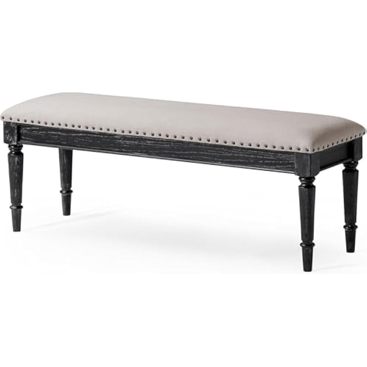 Maven Lane Elizabeth Traditional Wooden Upholstered Bench, Padded Seat for Kitchen Dining Room Table or Entryway in Antiqued Black Finish