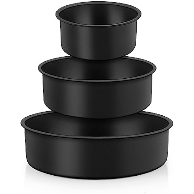 TeamFar Cake Pan, 4  6 8 Round Baking Tier Pan Set, with Non-Stick Coating Stainless Steel Core, for Steaming Serving, Healthy & Heavy-Duty, Release Easily & Easy Clean, Set of 3, Black