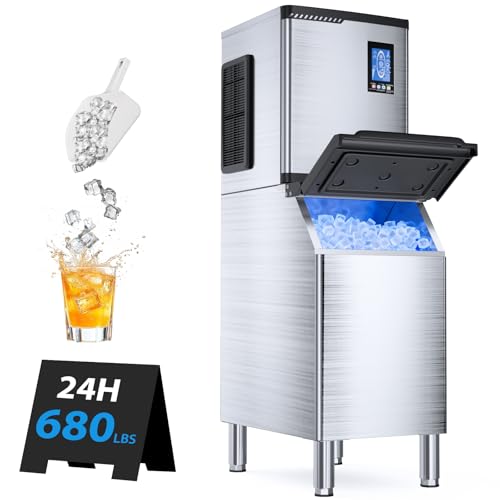 Commercial Ice Maker Machine 680lbs24H, Ice Ready in 5-15 min, 450lbs Large Storage Bin, Ice Machine Stainless Steel with Water Line Hookup Self-Cleaning Function,30 Adjustable Ice Thicknesses