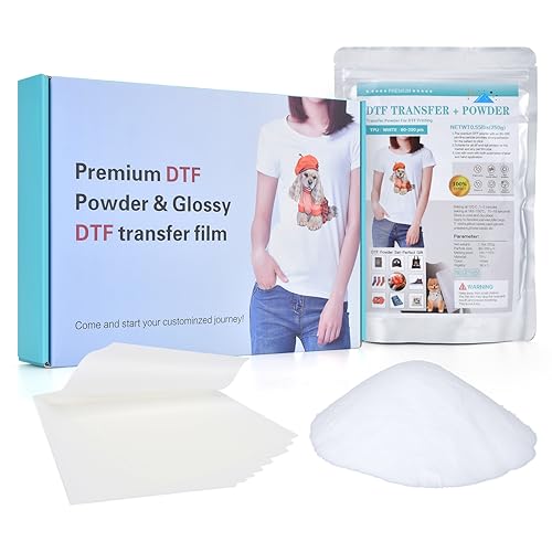 DTF Powder and Transfer Film Kit for Sublimation, 300g8.8oz Hot Melt Adhesive White DTF Powder for All T-Shirts&Fabrics