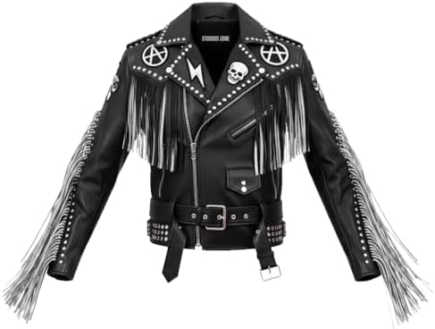 Mens Punk Rock Studded Leather Fringe Jacket Biker Brando Coat Skull Anarchy Patches, Wing Skull Motorcycle Jacket