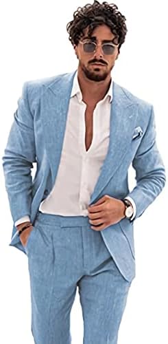 Men Suits Linen Beach Wedding Suits 2 Piece Groomsmen Attire Linen Blazer Pant Prom Tuxedo Blue