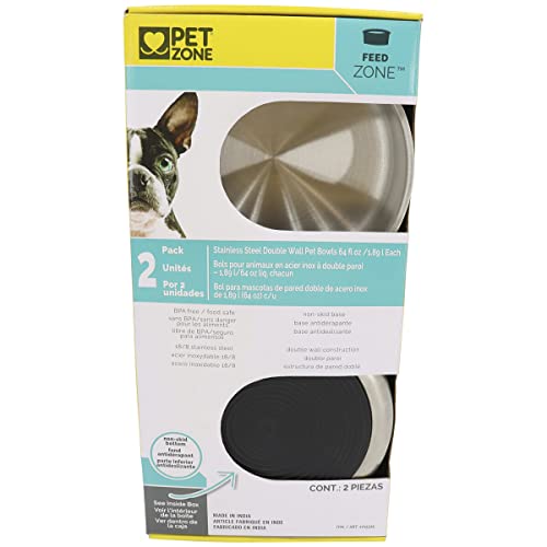 Pet Zone Feed Zone Stainless Steel Double Wall Pet Bowls with Non-Skid Bottom 2-Pack, 64 fl oz Each