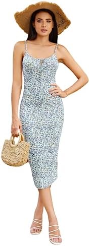 Floerns Women's Floral Print Drawstring Front Sleeveless Cami Midi Dress