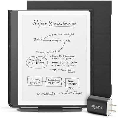 Amazon Kindle Scribe Essentials Bundle including Kindle Scribe (16GB) - Tungsten, Premium Pen, Premium Leather Folio-Black, and Power Adapter