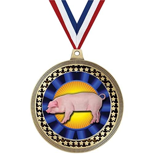 2.75 Blue Hog Rosette Ribbon Medal Award, Gold Vega Blue Hog Rosette Ribbon Team Trophy Award Includes Free Neck Ribbon Prime
