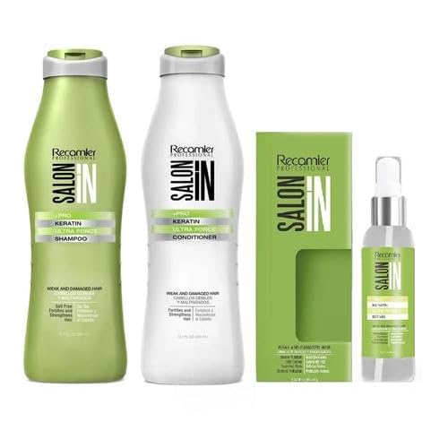 Salon In by Recamier | Keratin Ultra Force Set - Keratin Shampoo, Conditioner 10.1 fl oz each & Hair Serum 2.87 fl oz | Shampoo & Conditioner Set for Hair Repair, Strength and Shine