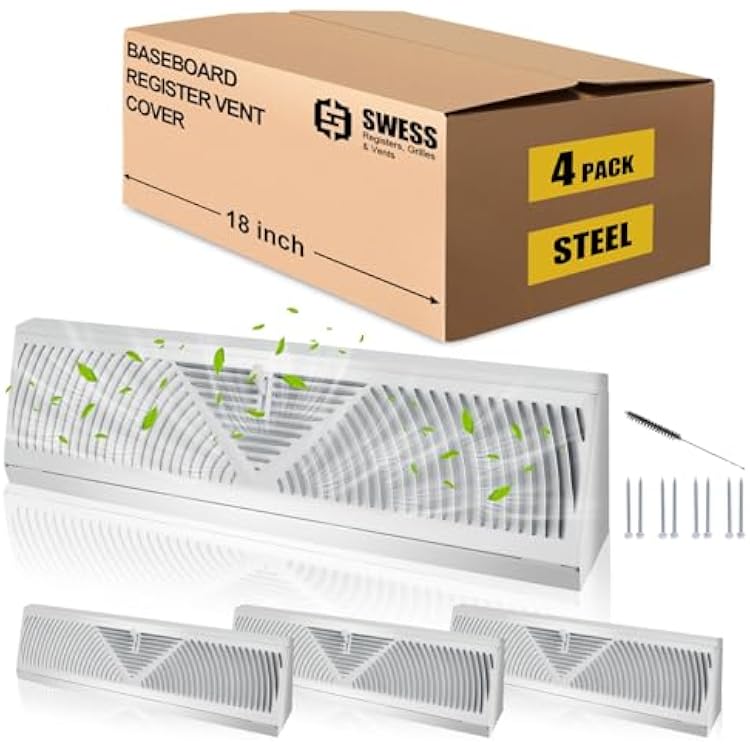 Swess 4 Pcs 18 Inch Baseboard Register WhiteDuct Opening Size, Baseboard Air Diffuser for Home Floor Wall Baseboard Vent Covers