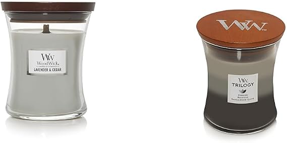 WoodWick Medium Hourglass Candle, Lavender/Cedar - Premium Soy Blend Wax & Medium Hourglass Candle, Warm Woods - Premium Soy Blend Wax, Pluswick Innovation Wood Wick