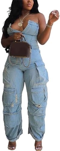 LKOUS Casual Cargo Denim Jumpsuit for Women, Elastic Stretch Multi Pockets Button Down Straight Leg Jeans Jumpsuits