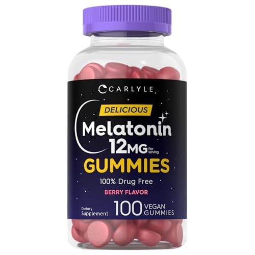 Carlyle Melatonin Gummies 12mg | 100 Count | Berry Flavor | Vegan Supplement | Non-GMO, Gluten Free